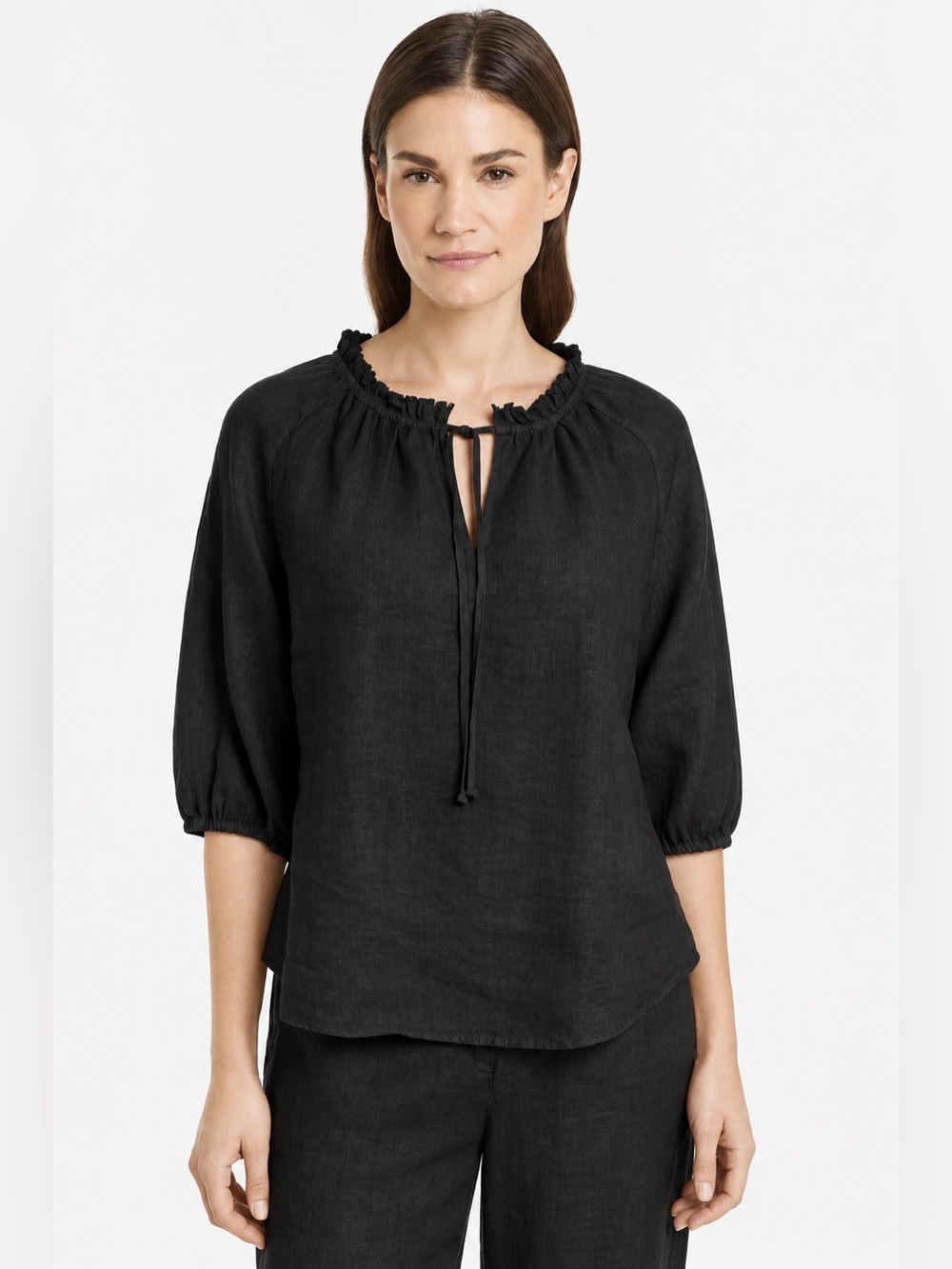 Gerry Weber Edition Black 100% Linen Ruffle Tie Blouse Size 8 Quiet Luxury Flax